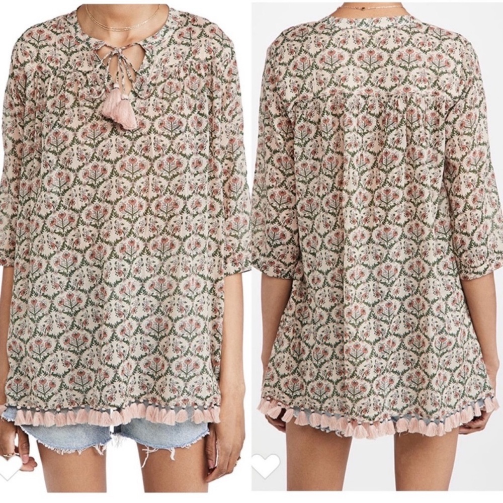 NWT Roller Rabbit Floral Block Print Tassel Tunic Blouse Cover Up Small